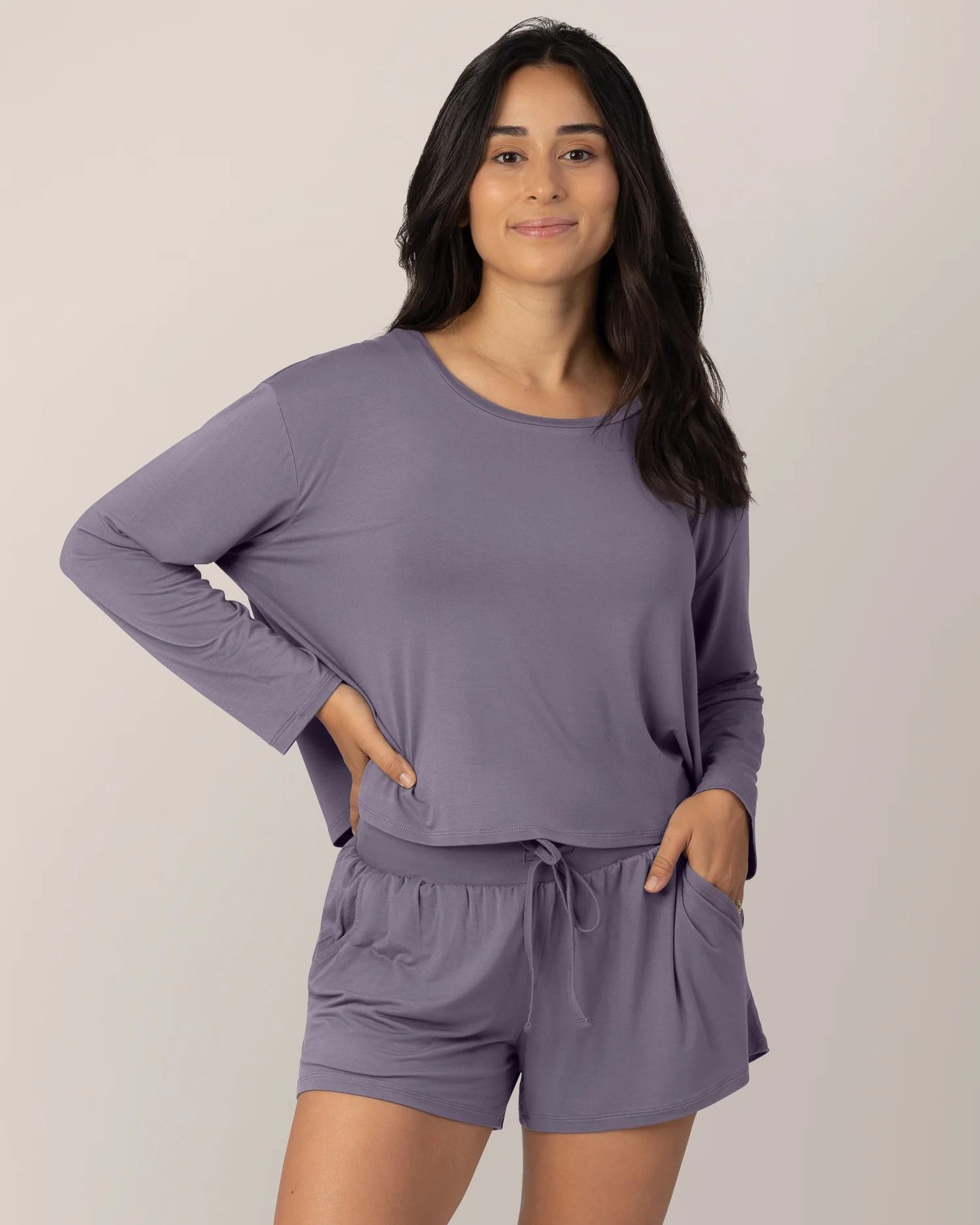 Aria Bamboo Casual Cropped Long Sleeve Top | Granite - Image 2