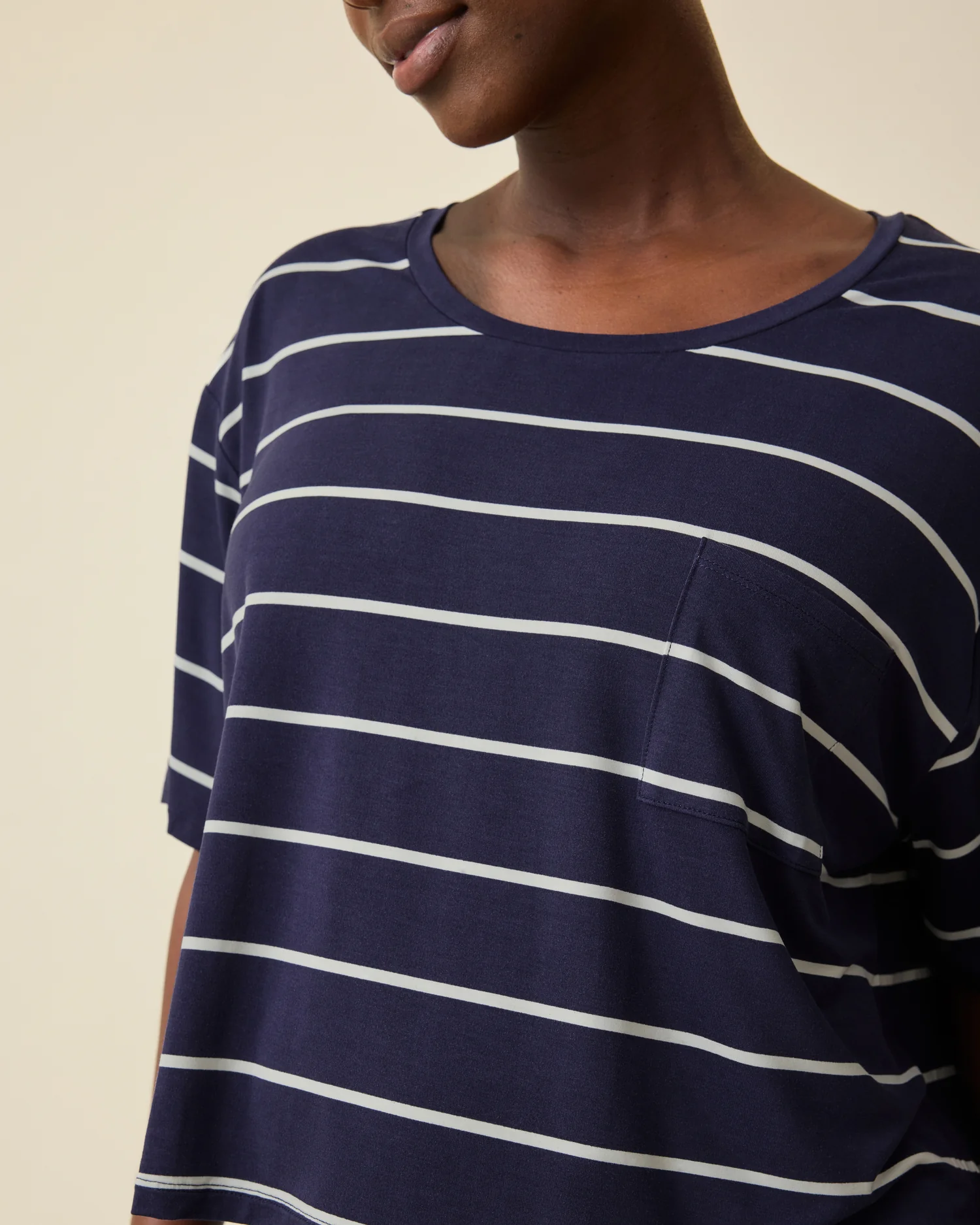Aria Bamboo Casual Cropped Short Sleeve Top | Navy & White Stripe - Image 3