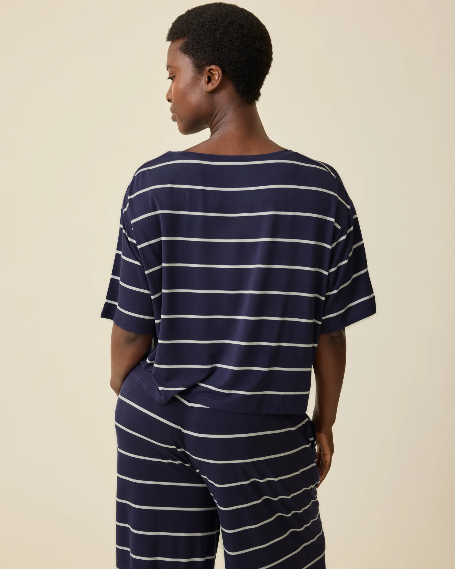 Aria Bamboo Casual Cropped Short Sleeve Top | Navy & White Stripe - Image 4