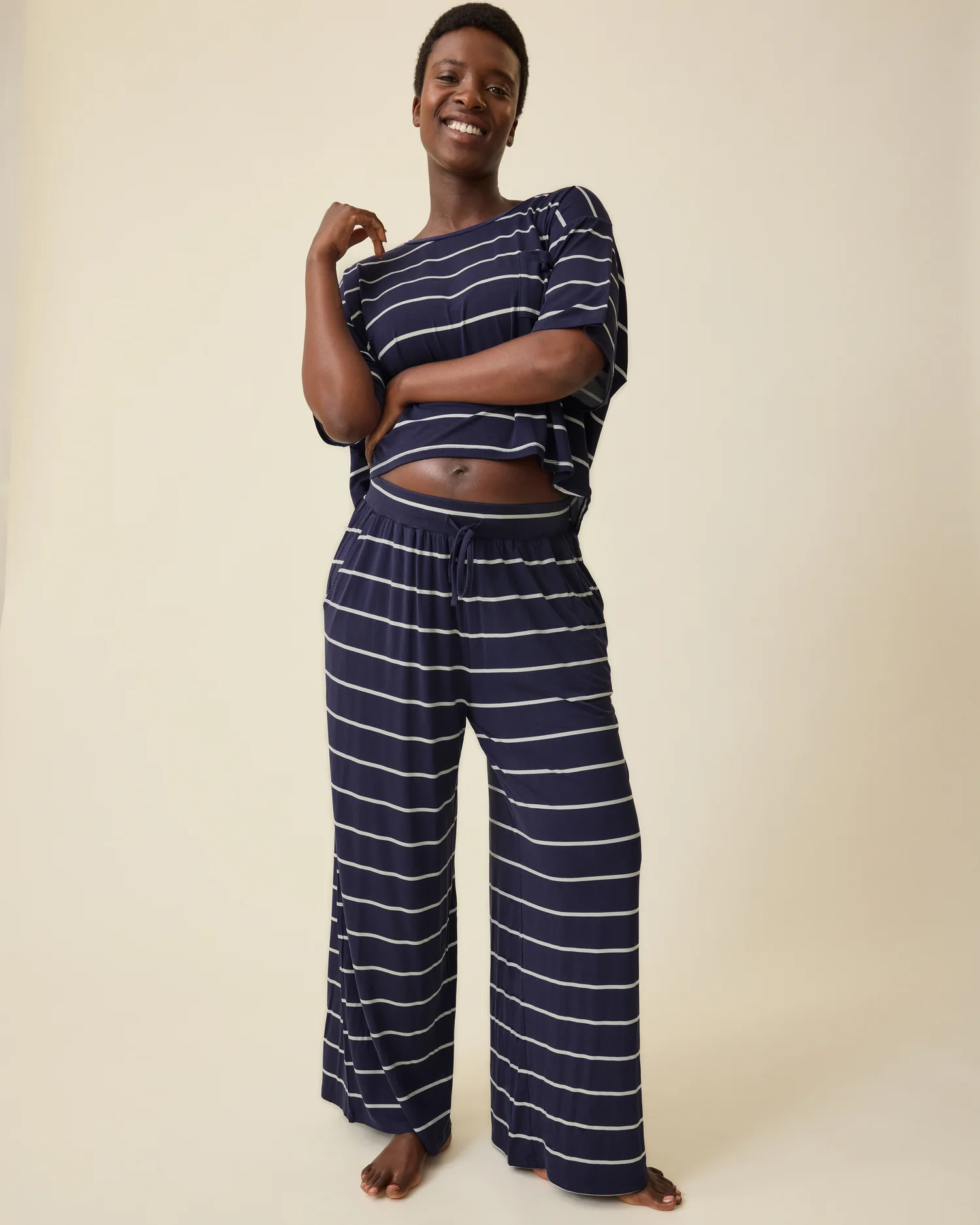 Aria Bamboo Casual Lounge Pant | Navy & White Stripe - Image 2