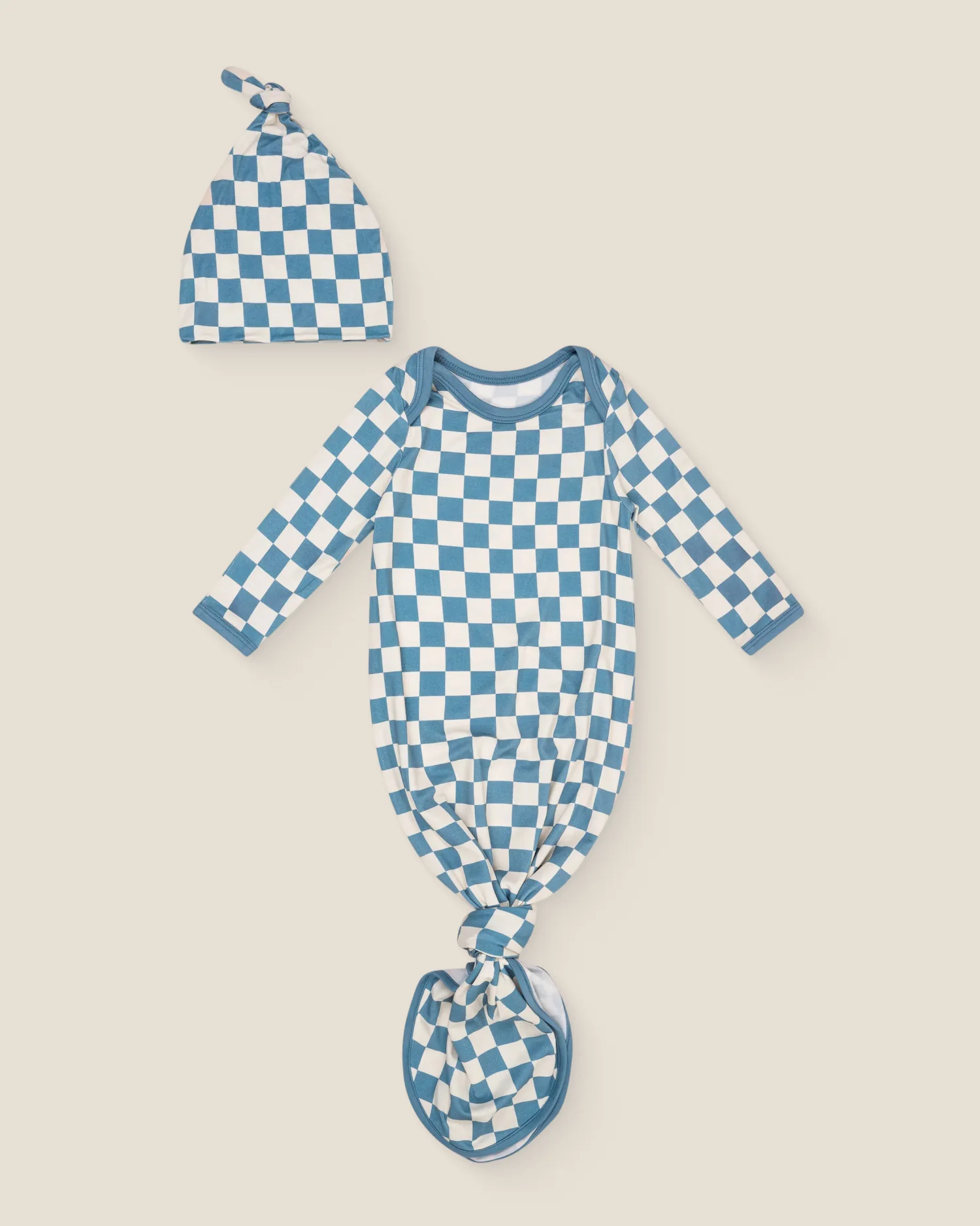 Bamboo Knotted Baby Gown & Hat | Blue Checker