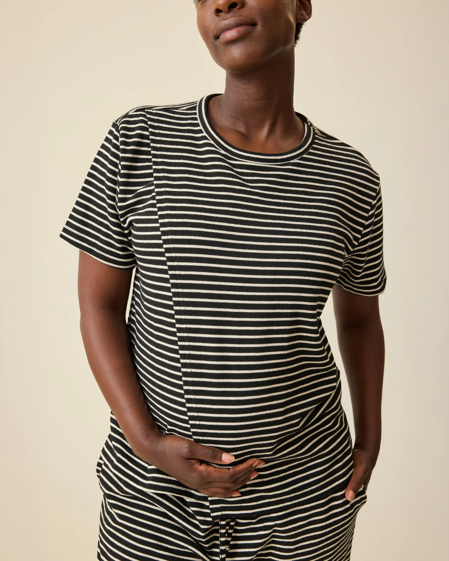 Luxe Terry Maternity & Nursing Split Hem T-shirt | Black & Ivory Stripe - Image 2