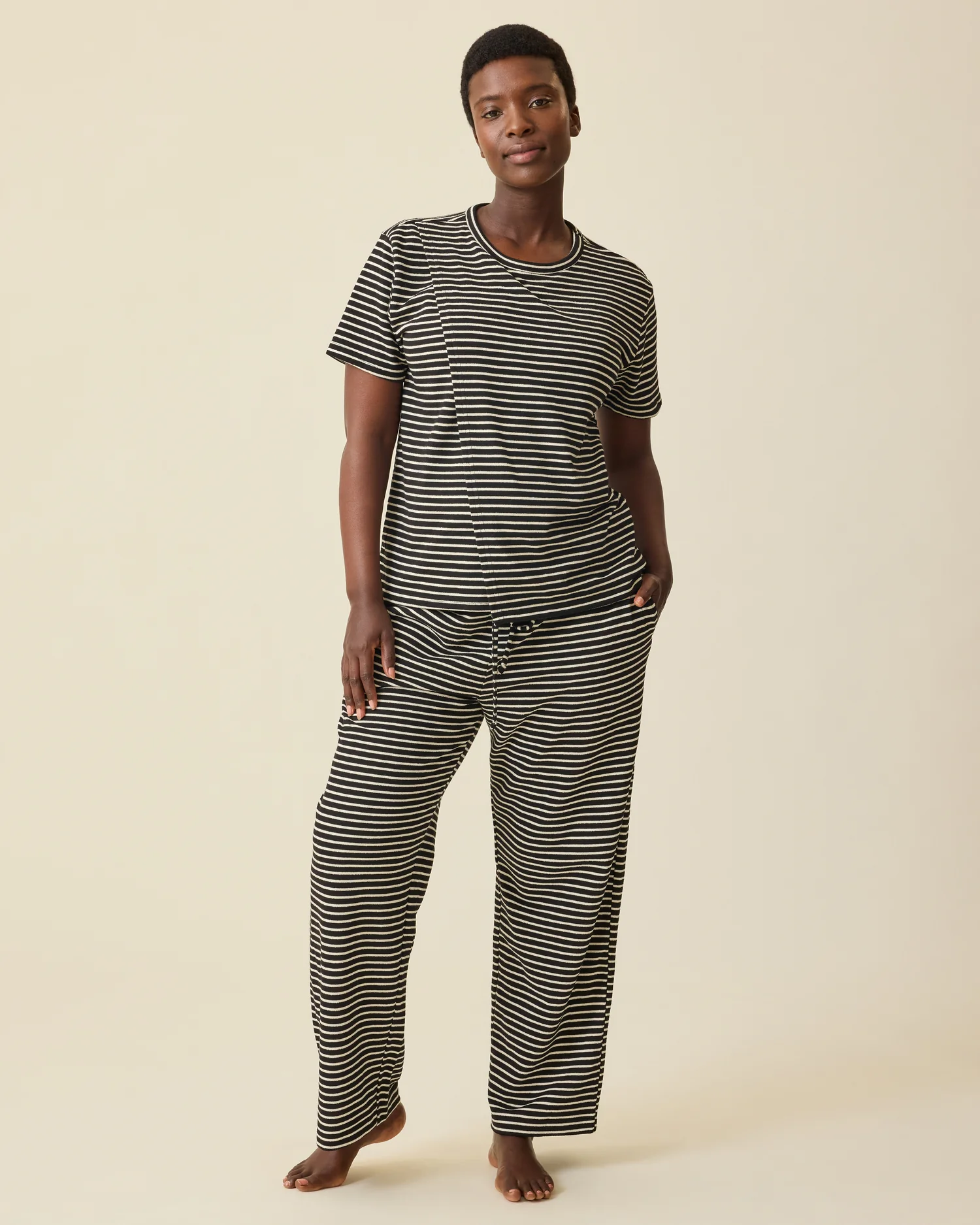 Luxe Terry Maternity & Nursing Split Hem T-shirt | Black & Ivory Stripe - Image 4