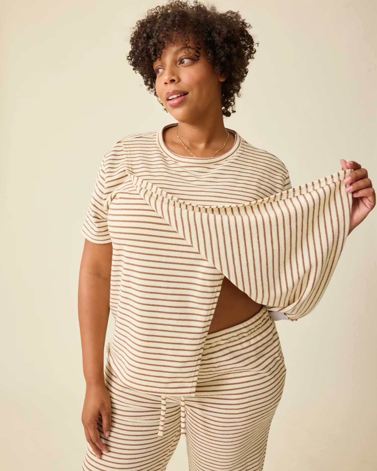 Luxe Terry Maternity & Nursing Split Hem T-shirt | Ivory & Chocolate Stripe