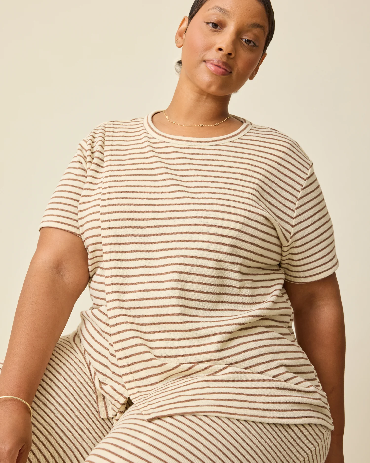 Luxe Terry Maternity & Nursing Split Hem T-shirt | Ivory & Chocolate Stripe - Image 3
