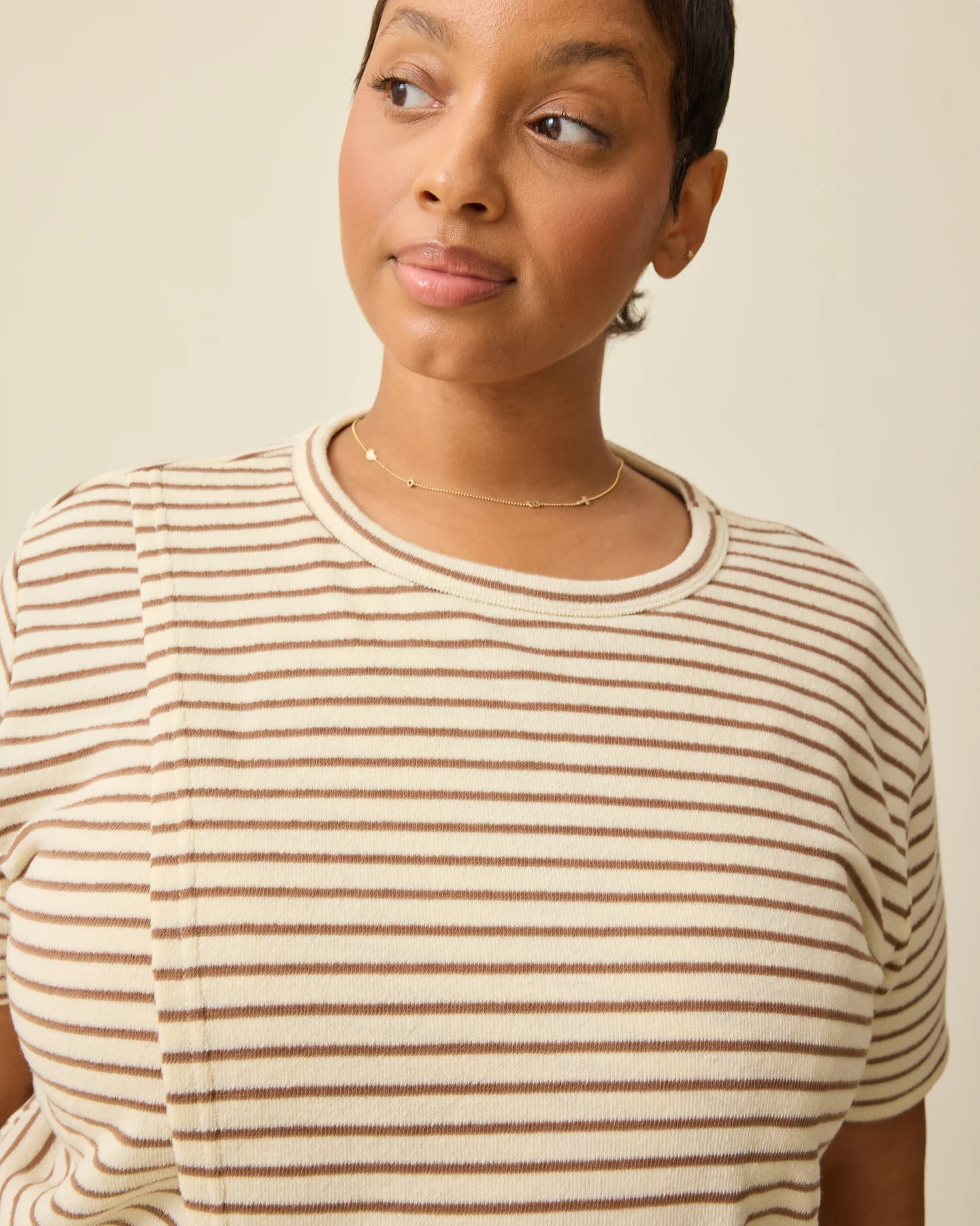 Luxe Terry Maternity & Nursing Split Hem T-shirt | Ivory & Chocolate Stripe - Image 4