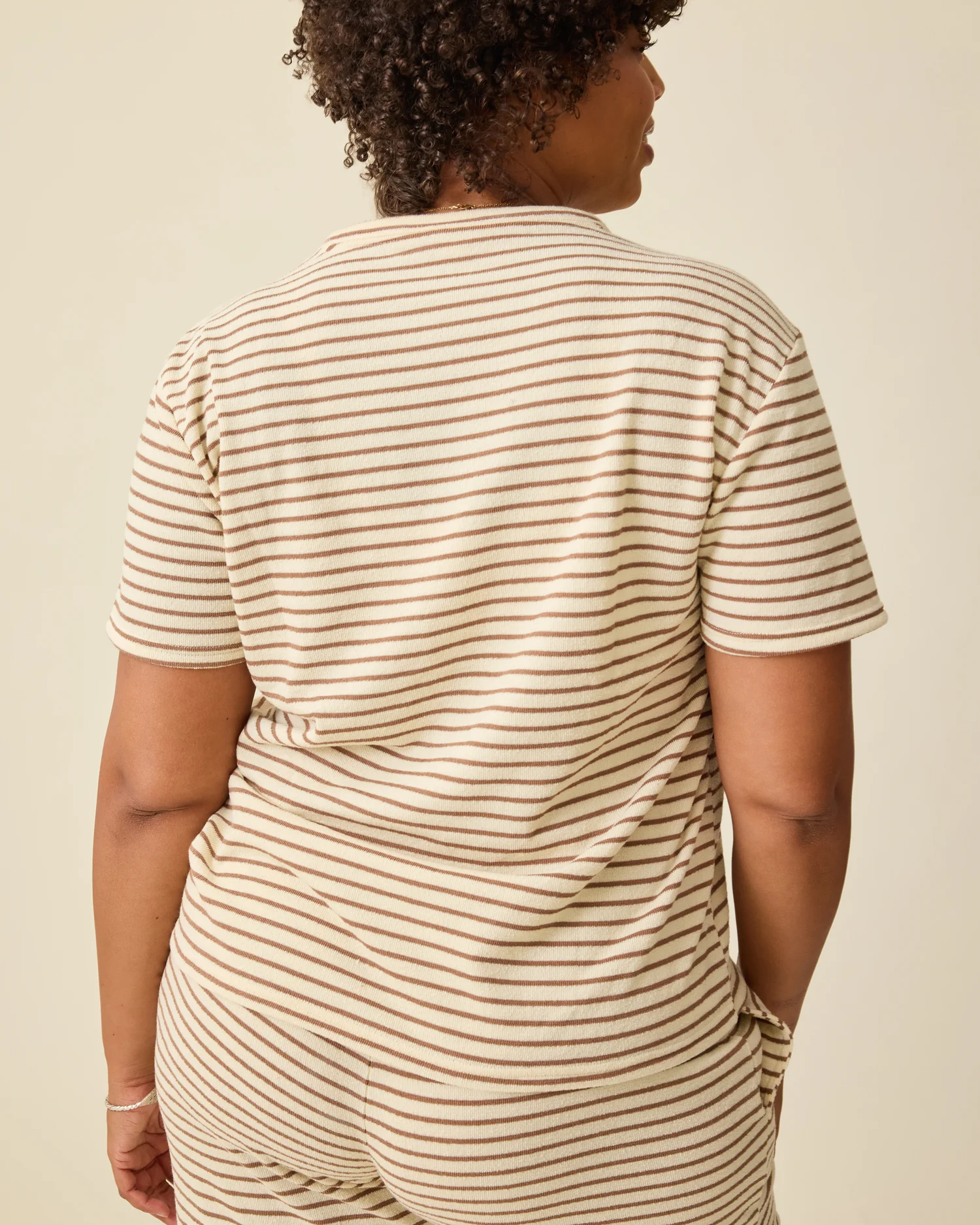 Luxe Terry Maternity & Nursing Split Hem T-shirt | Ivory & Chocolate Stripe - Image 5