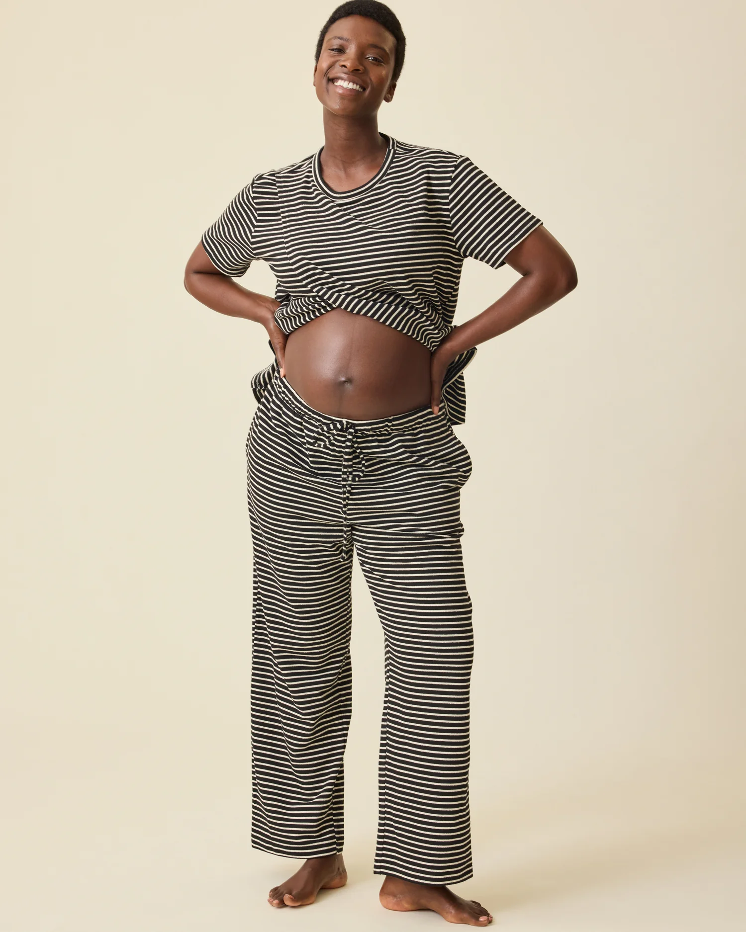 Luxe Terry Maternity & Postpartum Pant | Black & Ivory Stripe - Image 2