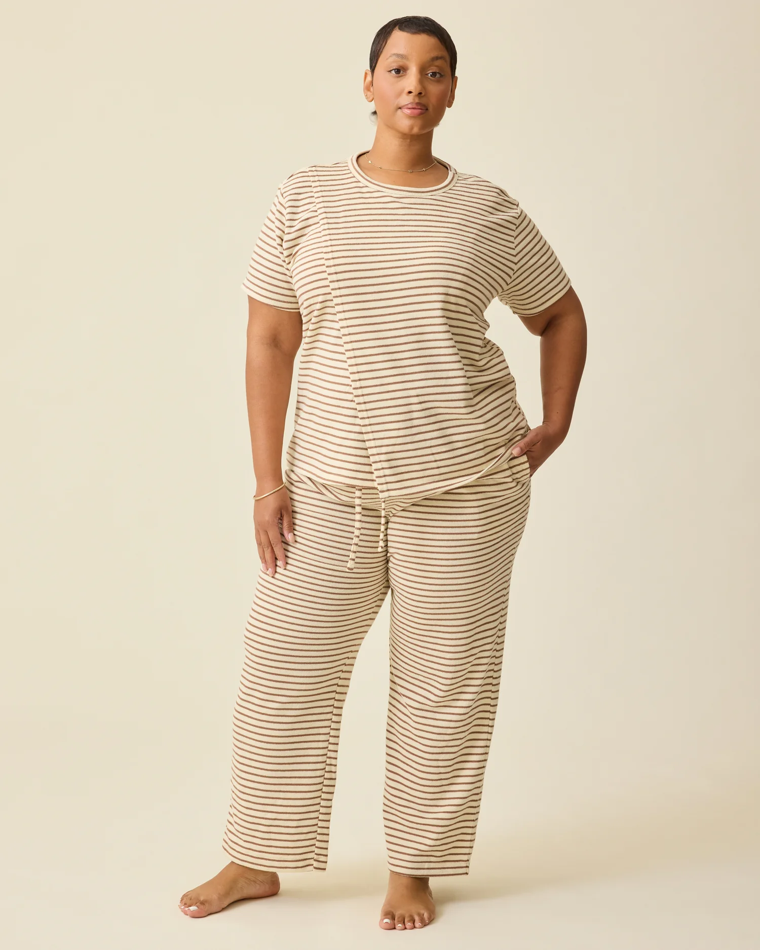 Luxe Terry Maternity & Postpartum Pant | Ivory & Chocolate Stripe - Image 2