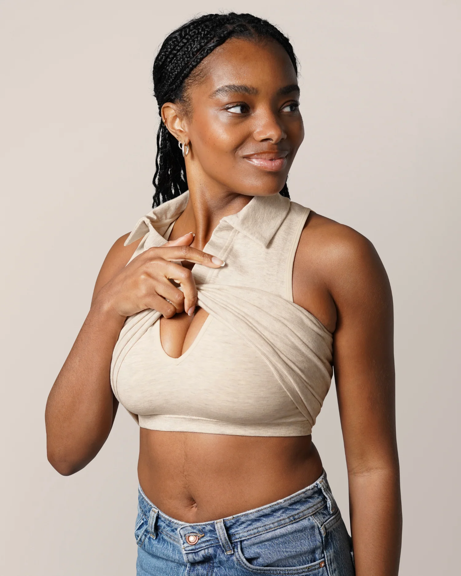 Sublime® Bamboo Collared Maternity & Nursing Longline Bra Top | Oatmeal Heather - Image 2